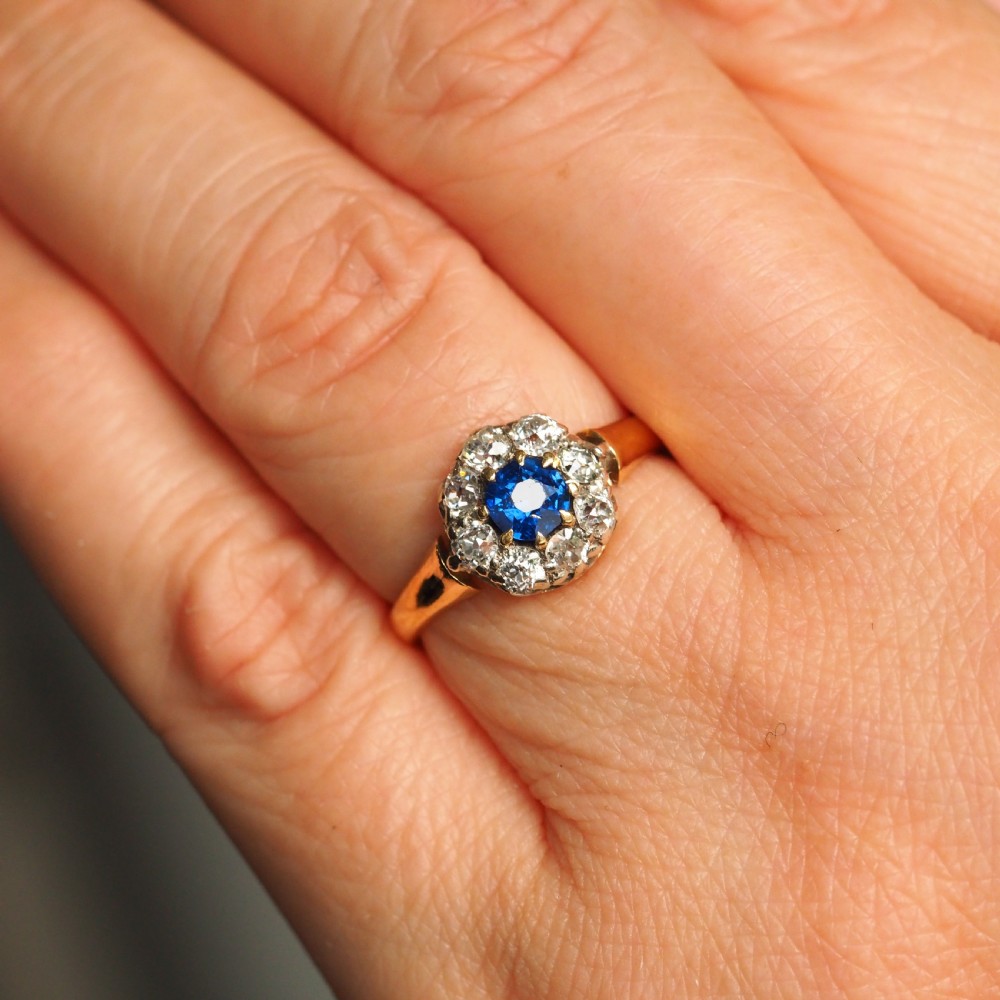 Antique Victorian Sapphire & Diamond 18ct Gold Cluster Ring - c.1900 View XIII
