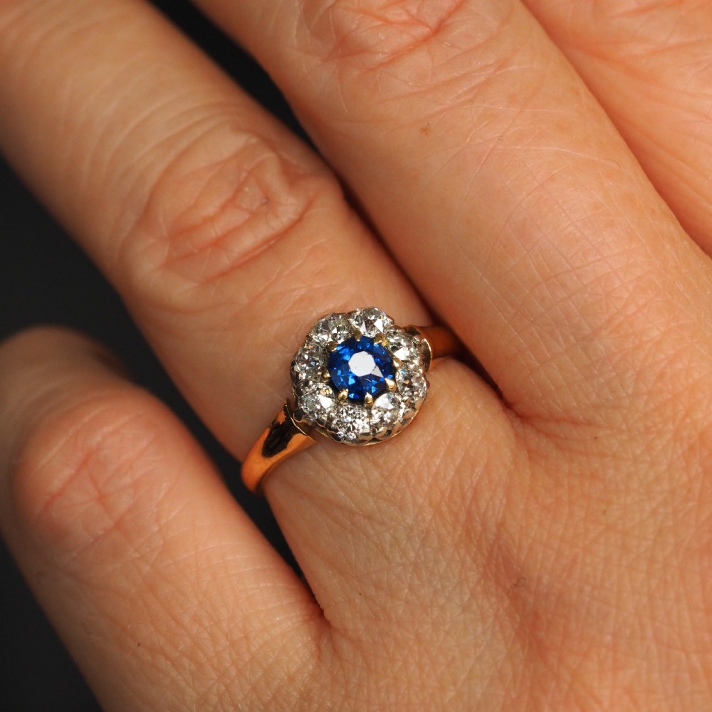Antique Victorian Sapphire & Diamond 18ct Gold Cluster Ring - c.1900 View XIV