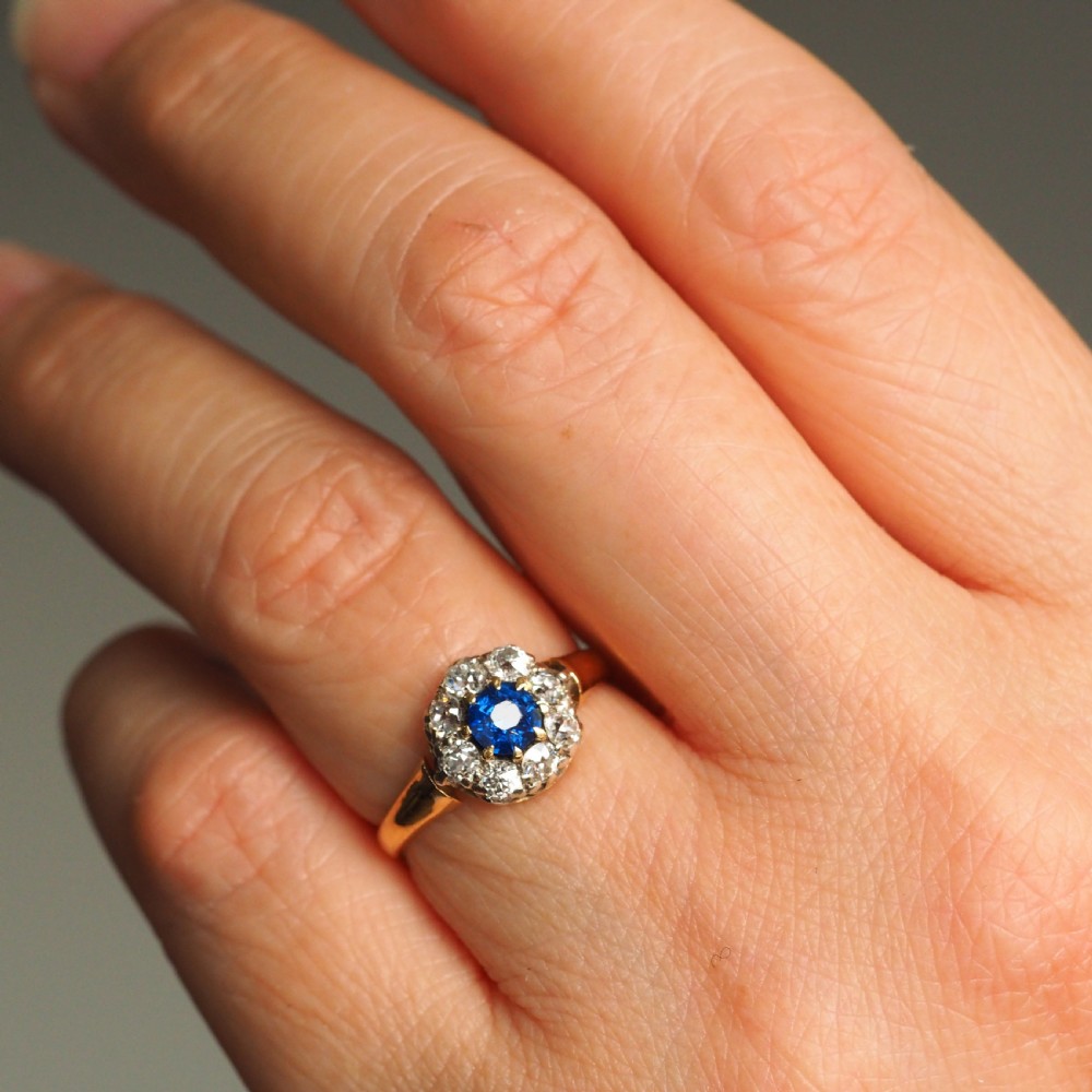 Antique Victorian Sapphire & Diamond 18ct Gold Cluster Ring - c.1900 View XV
