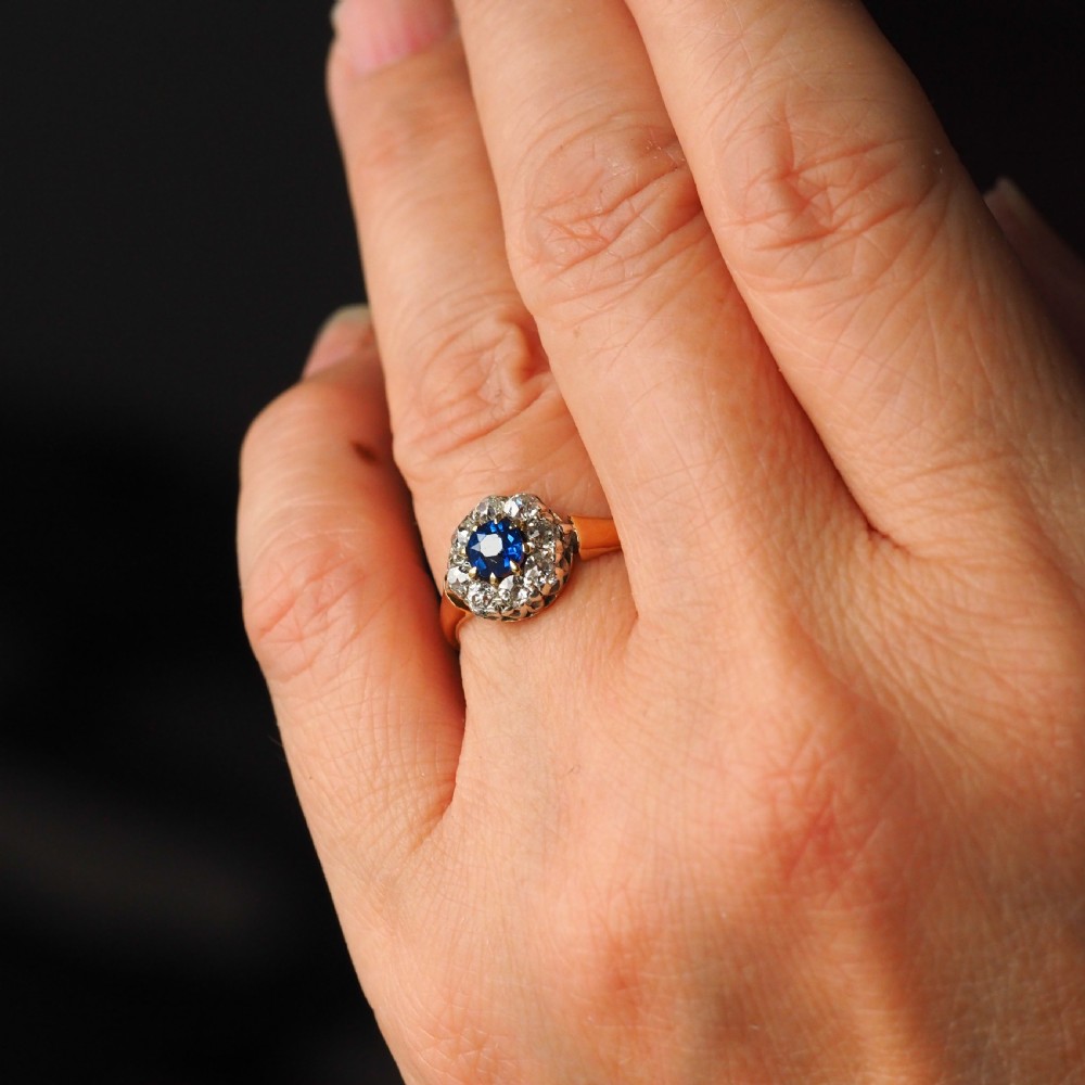 Antique Victorian Sapphire & Diamond 18ct Gold Cluster Ring - c.1900 View XVI