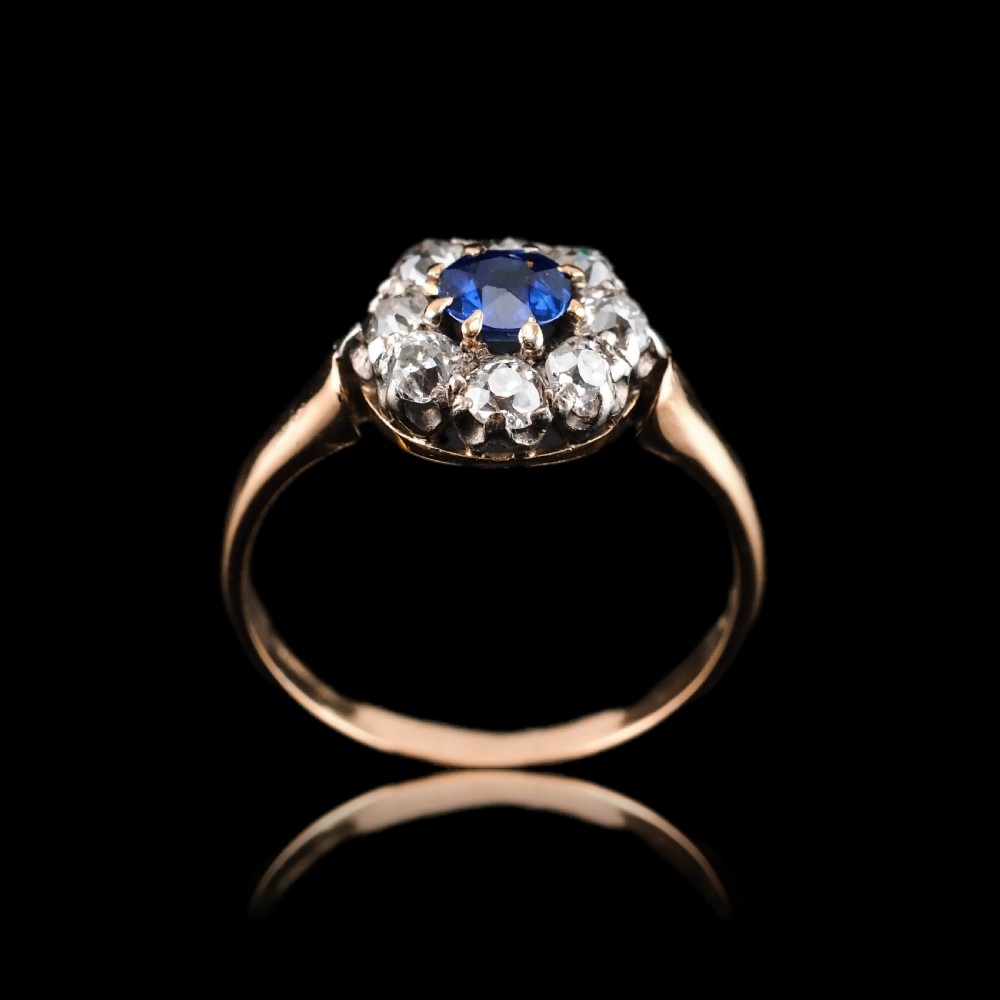 Antique Victorian Sapphire & Diamond 18ct Gold Cluster Ring - c.1900 View XVIII