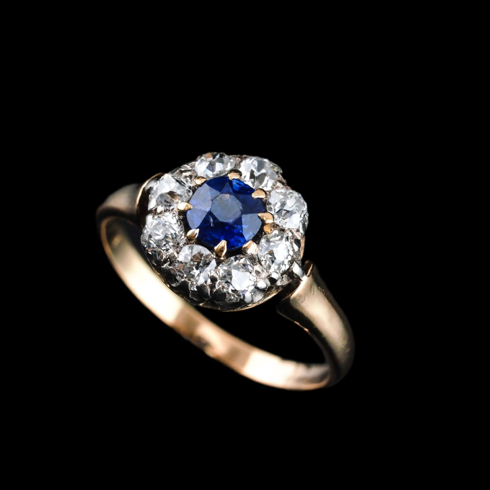 Antique Victorian Sapphire & Diamond 18ct Gold Cluster Ring - c.1900 View XIX
