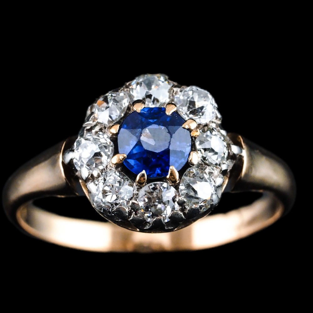Antique Victorian Sapphire & Diamond 18ct Gold Cluster Ring - c.1900 View XX