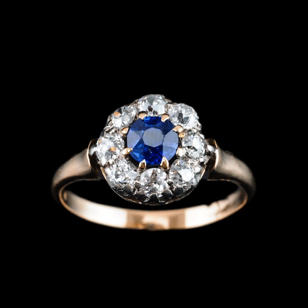Antique Victorian Sapphire & Diamond 18ct Gold Cluster Ring - c.1900 View XXI