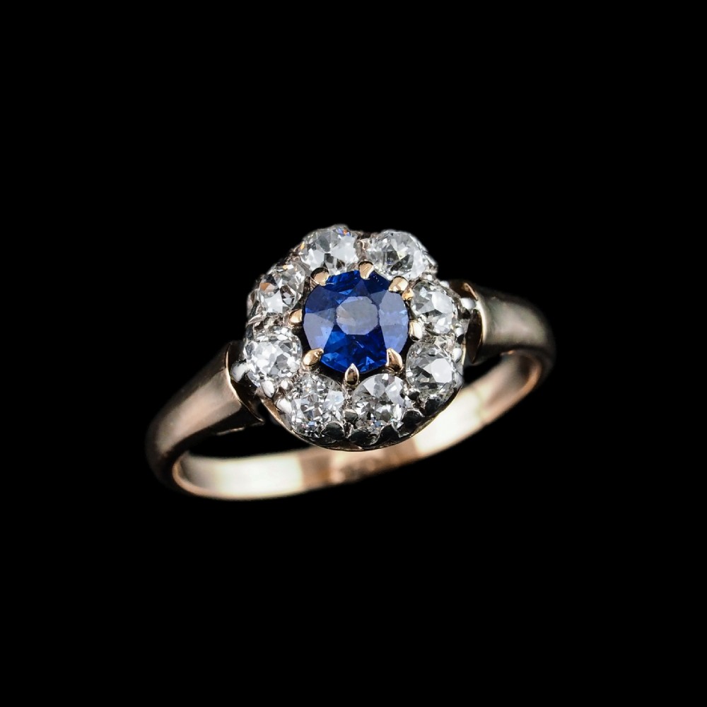 Antique Victorian Sapphire & Diamond 18ct Gold Cluster Ring - c.1900 View XXII