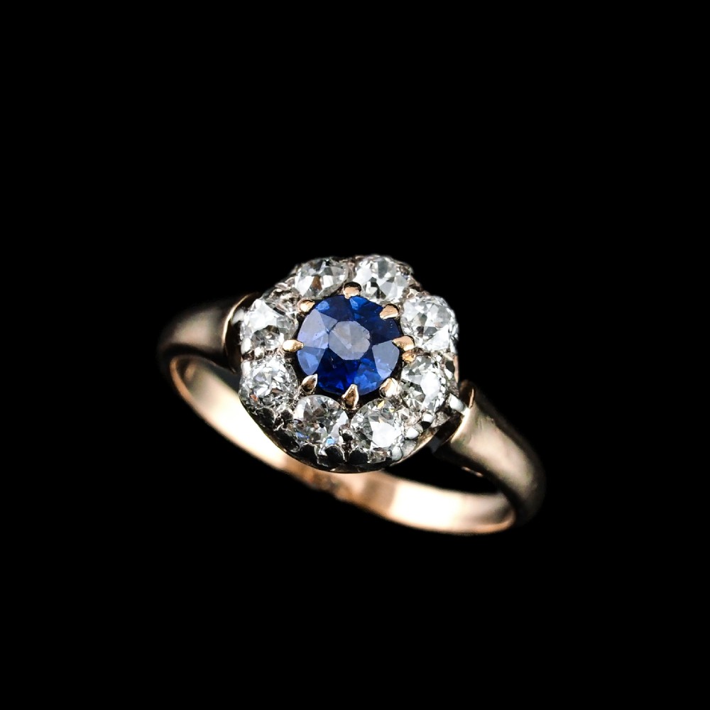 Antique Victorian Sapphire & Diamond 18ct Gold Cluster Ring - c.1900 View XXIII