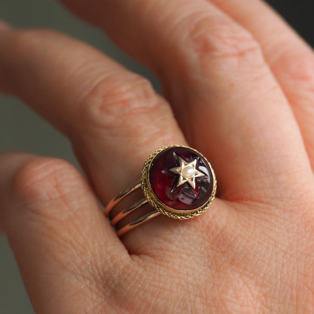 Antique Victorian 14ct Gold Garnet Star Cabochon Ring with Seed Pearl - c.1880 View III