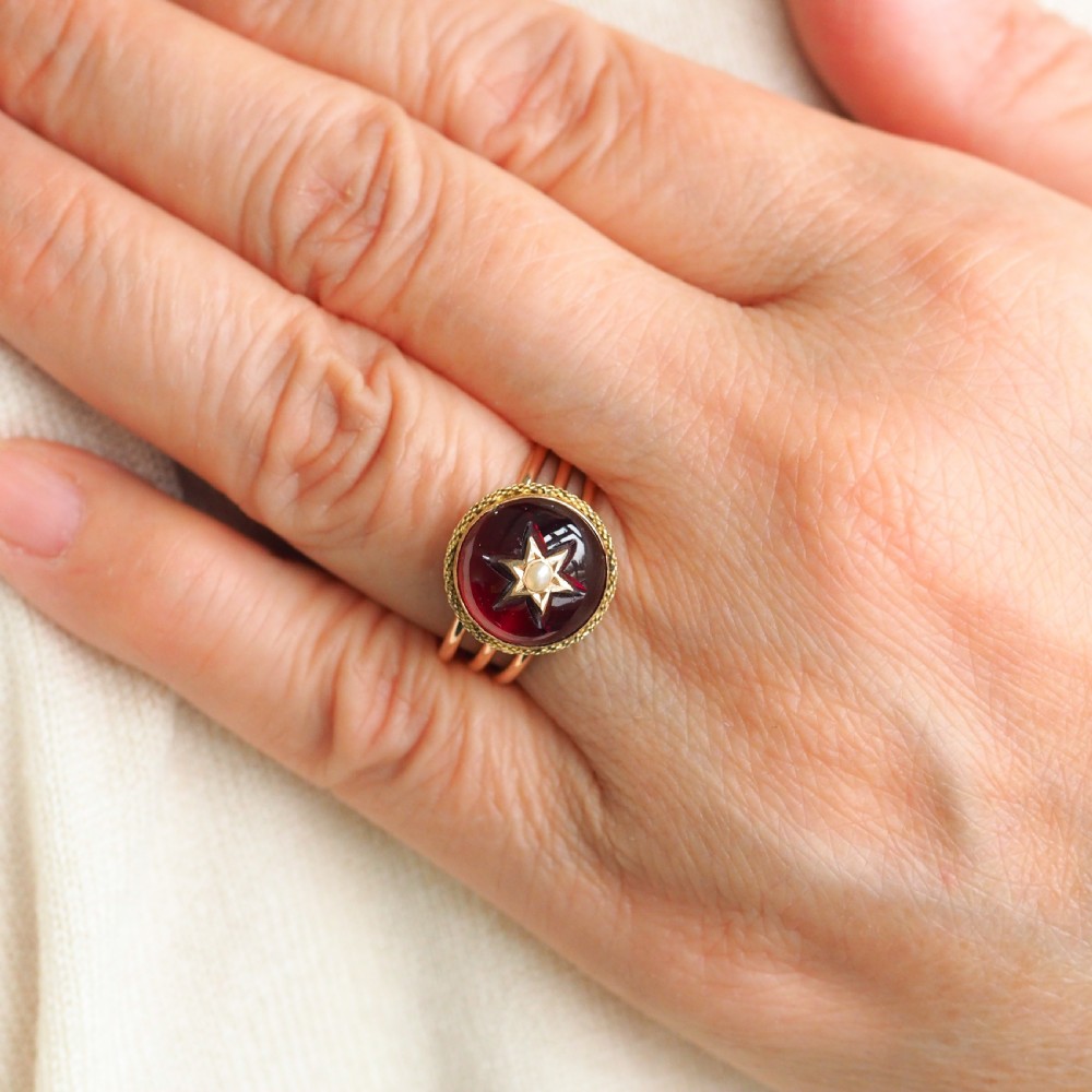 Antique Victorian 14ct Gold Garnet Star Cabochon Ring with Seed Pearl - c.1880 View V