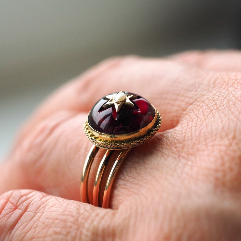 Antique Victorian 14ct Gold Garnet Star Cabochon Ring with Seed Pearl - c.1880 View VII