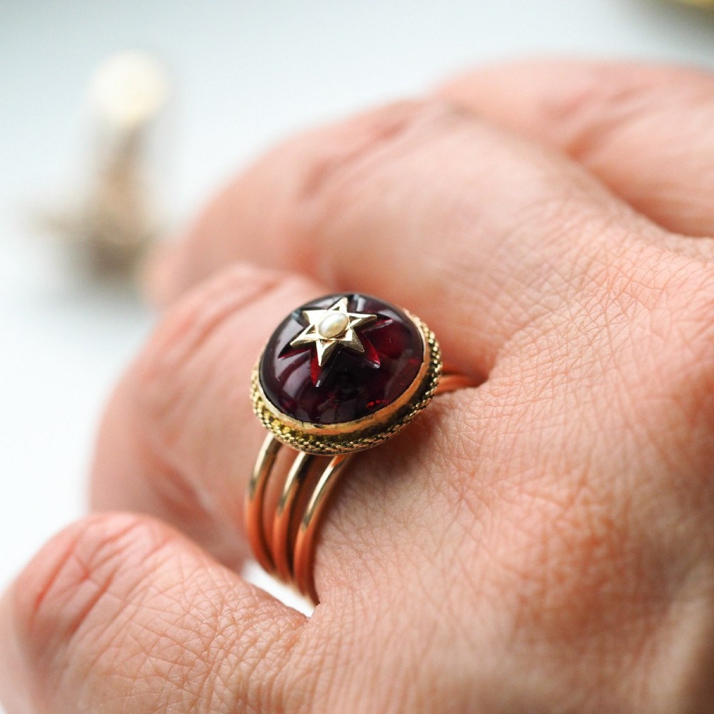 Antique Victorian 14ct Gold Garnet Star Cabochon Ring with Seed Pearl - c.1880 View VIII