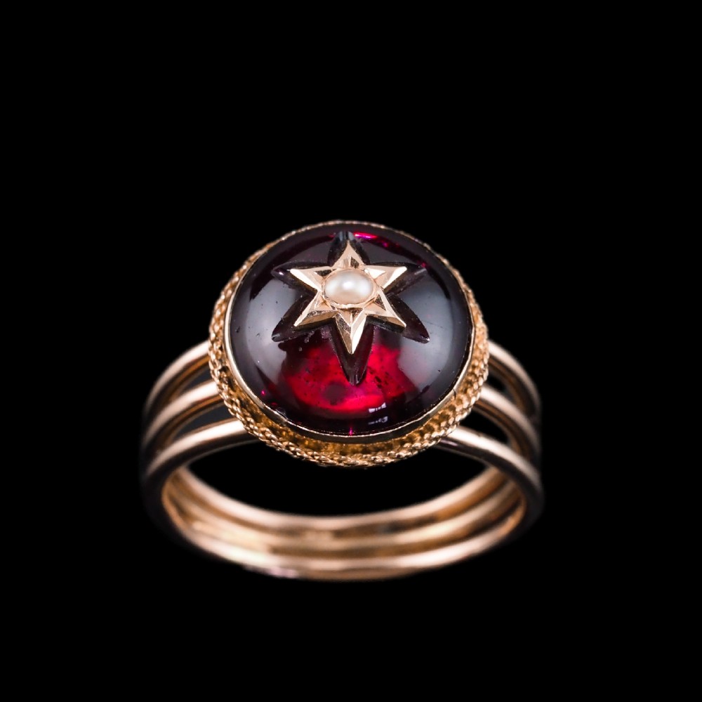 Antique Victorian 14ct Gold Garnet Star Cabochon Ring with Seed Pearl - c.1880 View IX