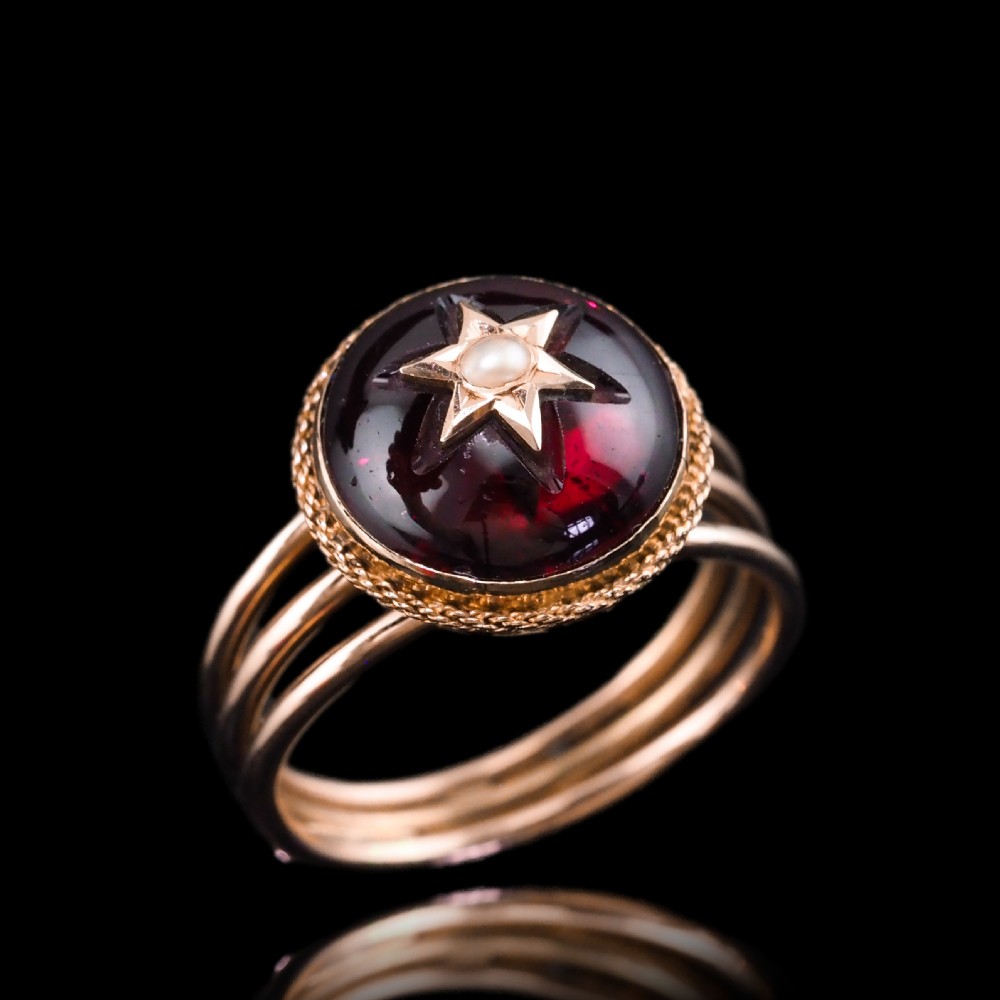 Antique Victorian 14ct Gold Garnet Star Cabochon Ring with Seed Pearl - c.1880 View XI