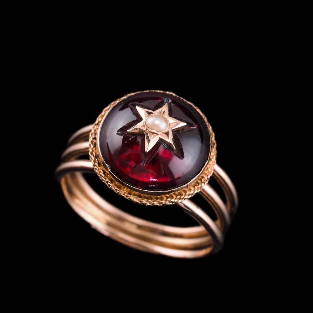 Antique Victorian 14ct Gold Garnet Star Cabochon Ring with Seed Pearl - c.1880 View XII