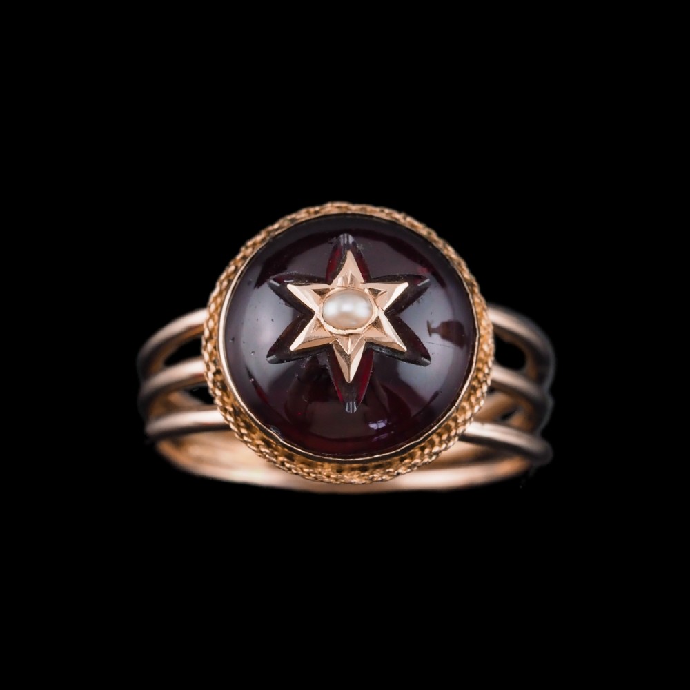 Antique Victorian 14ct Gold Garnet Star Cabochon Ring with Seed Pearl - c.1880 View XIV