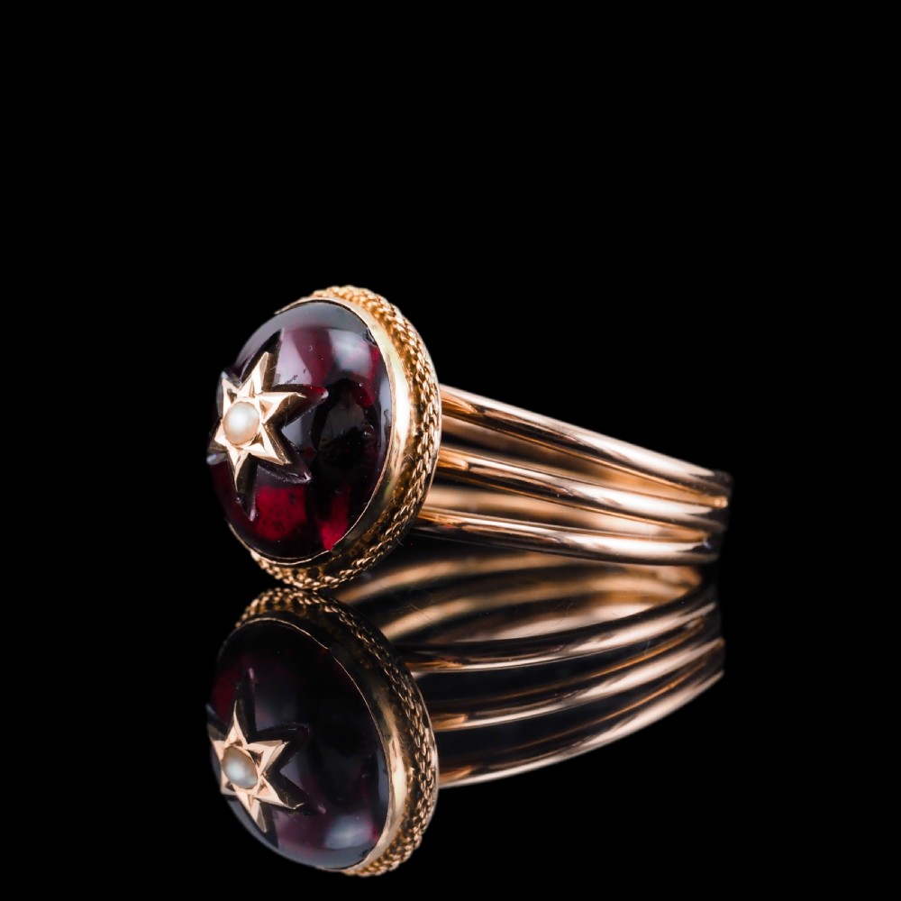 Antique Victorian 14ct Gold Garnet Star Cabochon Ring with Seed Pearl - c.1880 View XVI