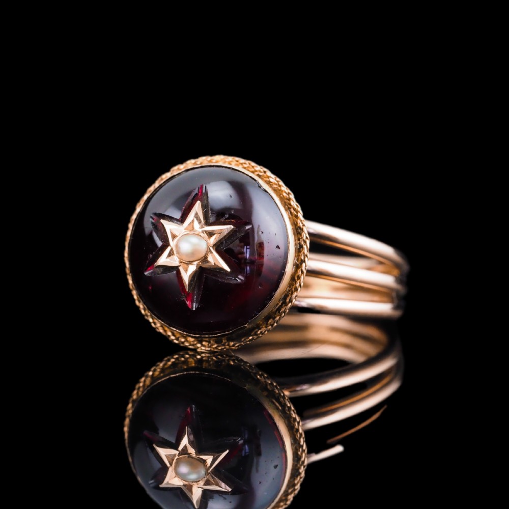 Antique Victorian 14ct Gold Garnet Star Cabochon Ring with Seed Pearl - c.1880 View XVII