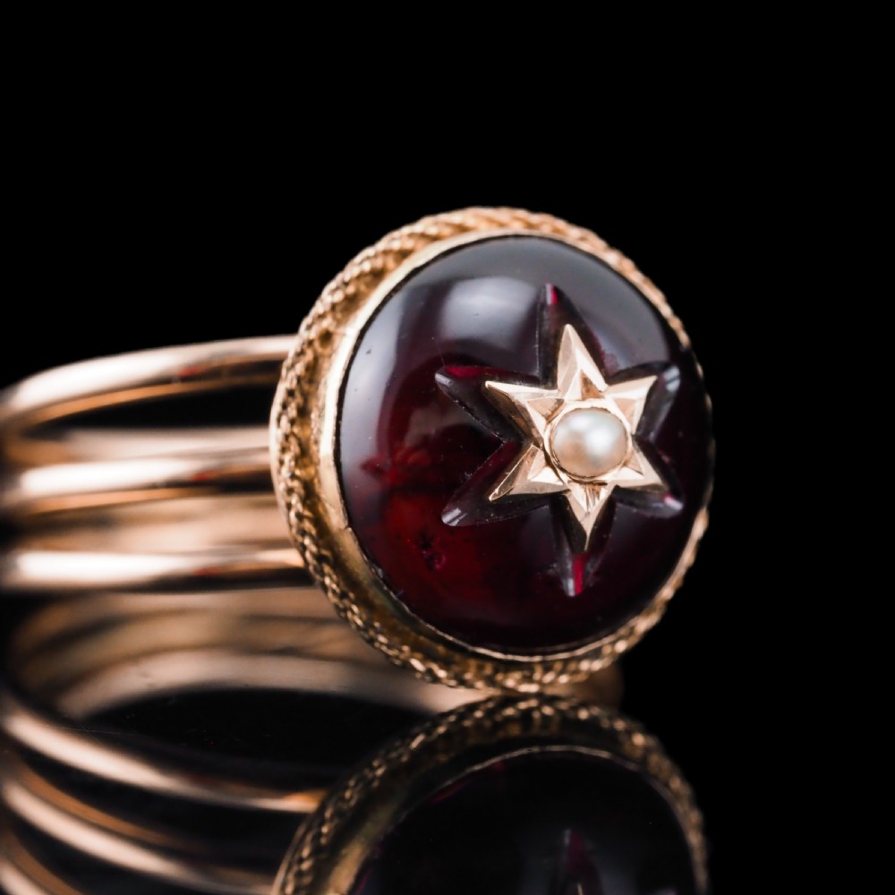 Antique Victorian 14ct Gold Garnet Star Cabochon Ring with Seed Pearl - c.1880 View XVIII