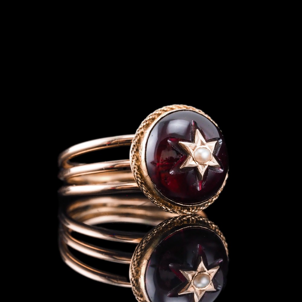 Antique Victorian 14ct Gold Garnet Star Cabochon Ring with Seed Pearl - c.1880 View XIX