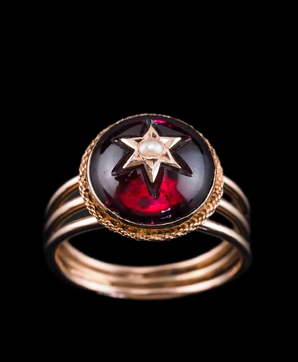 Antique Victorian 14ct Gold Garnet Star Cabochon Ring with Seed Pearl - c.1880