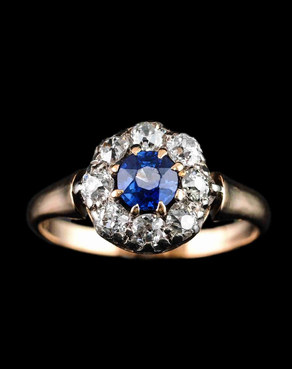 Antique Victorian Sapphire & Diamond 18ct Gold Cluster Ring - c.1900