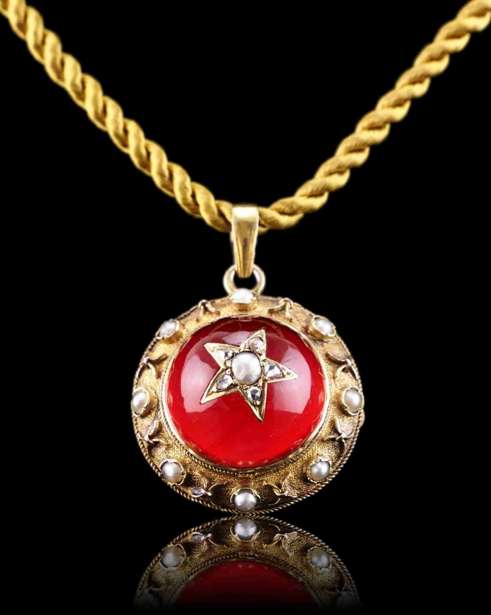 Antique Victorian Diamond & Pearl Star Necklace with Red Rock Crystal Cabochon 15ct Gold - c.1880