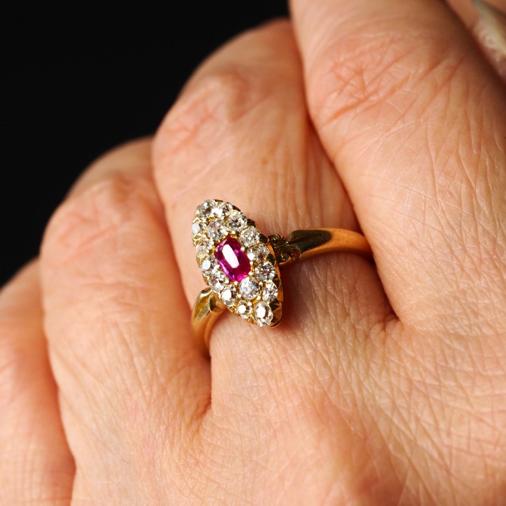 Antique Victorian Ruby & Diamond Ring 18ct Gold Cluster Navette Design - 1886 View II