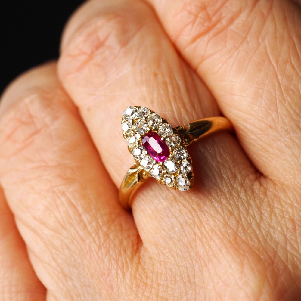 Antique Victorian Ruby & Diamond Ring 18ct Gold Cluster Navette Design - 1886 View III