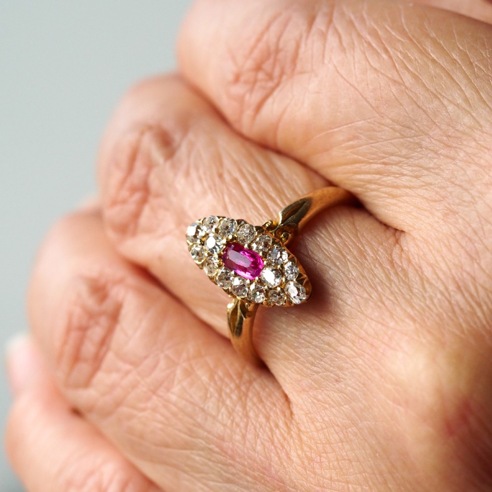 Antique Victorian Ruby & Diamond Ring 18ct Gold Cluster Navette Design - 1886 View IV