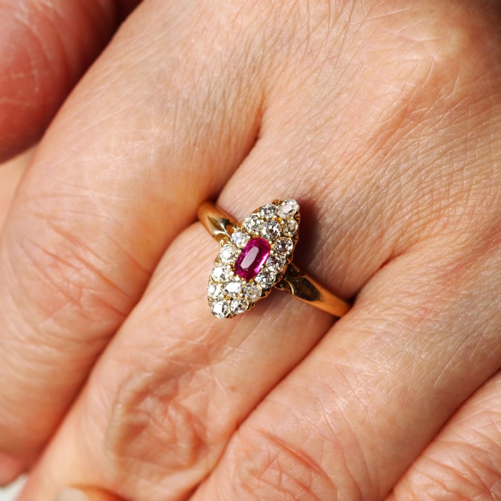 Antique Victorian Ruby & Diamond Ring 18ct Gold Cluster Navette Design - 1886 View V