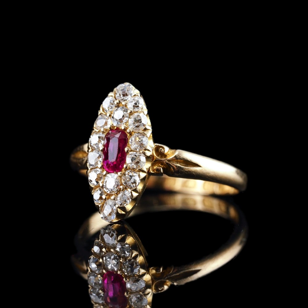 Antique Victorian Ruby & Diamond Ring 18ct Gold Cluster Navette Design - 1886 View VIII