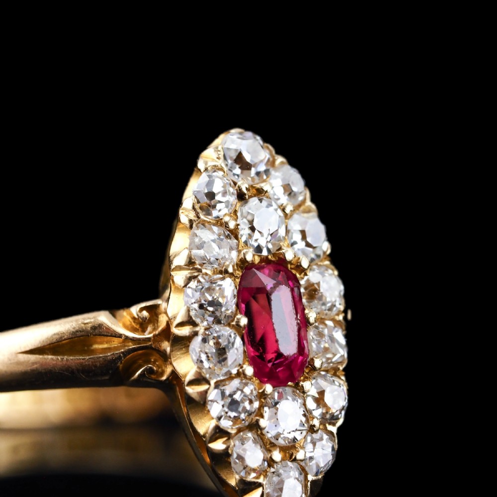 Antique Victorian Ruby & Diamond Ring 18ct Gold Cluster Navette Design - 1886 View X