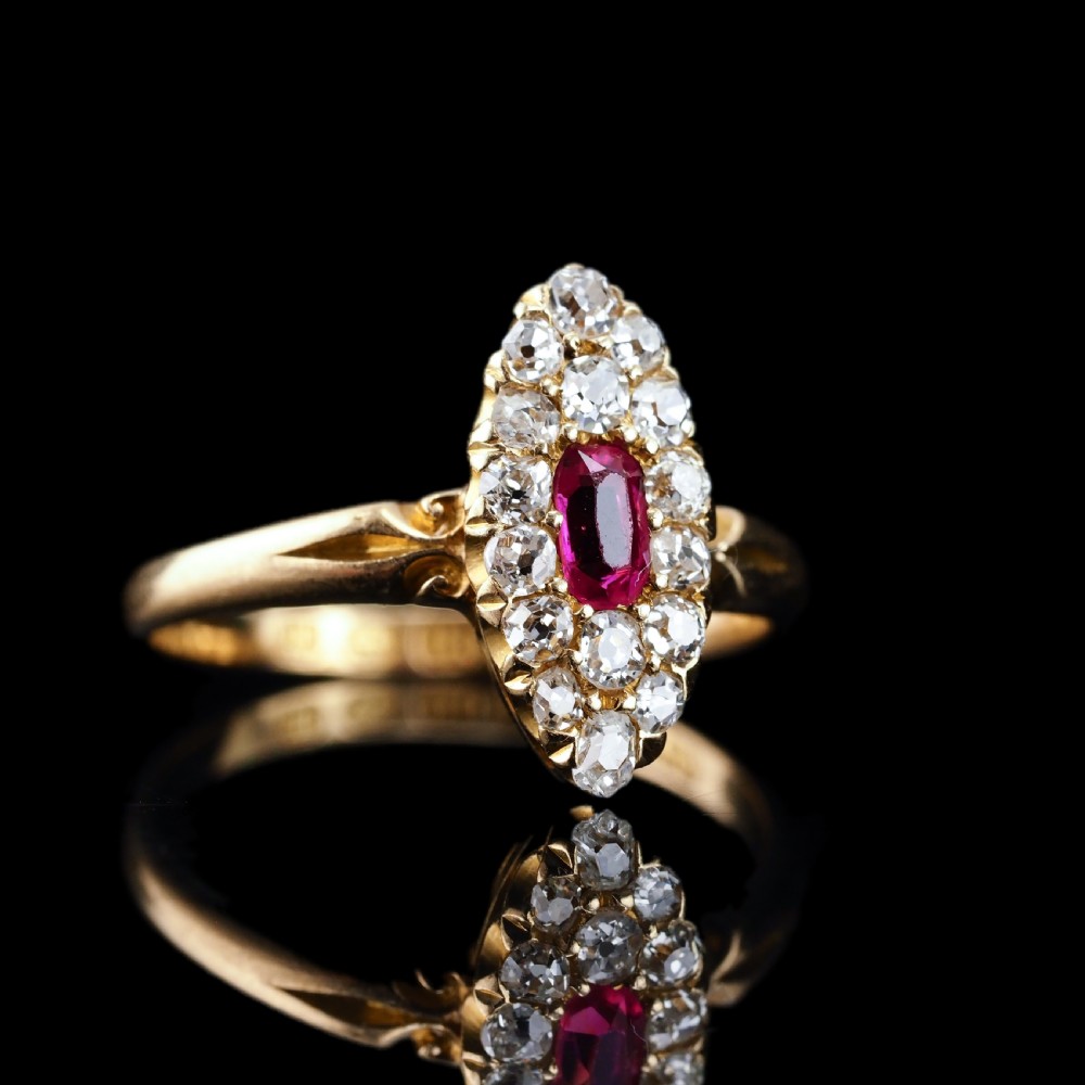 Antique Victorian Ruby & Diamond Ring 18ct Gold Cluster Navette Design - 1886 View XI
