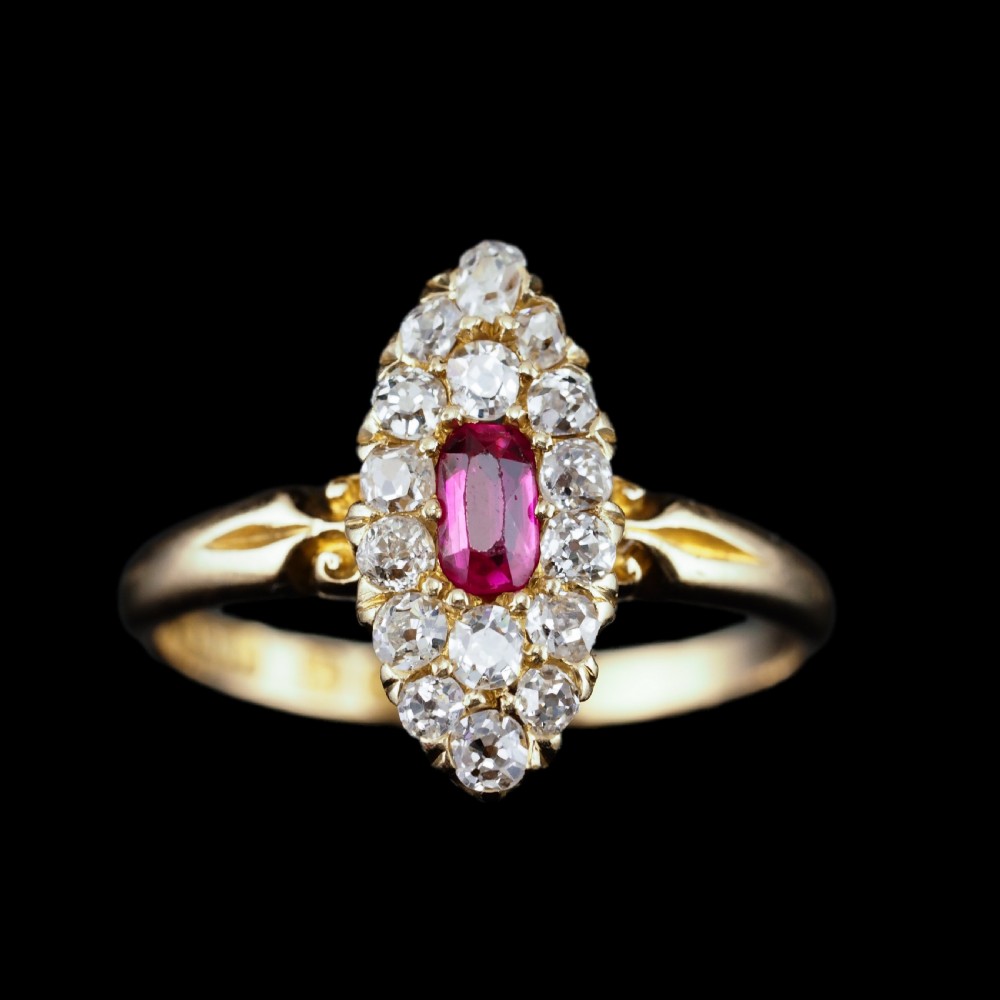 Antique Victorian Ruby & Diamond Ring 18ct Gold Cluster Navette Design - 1886 View XII