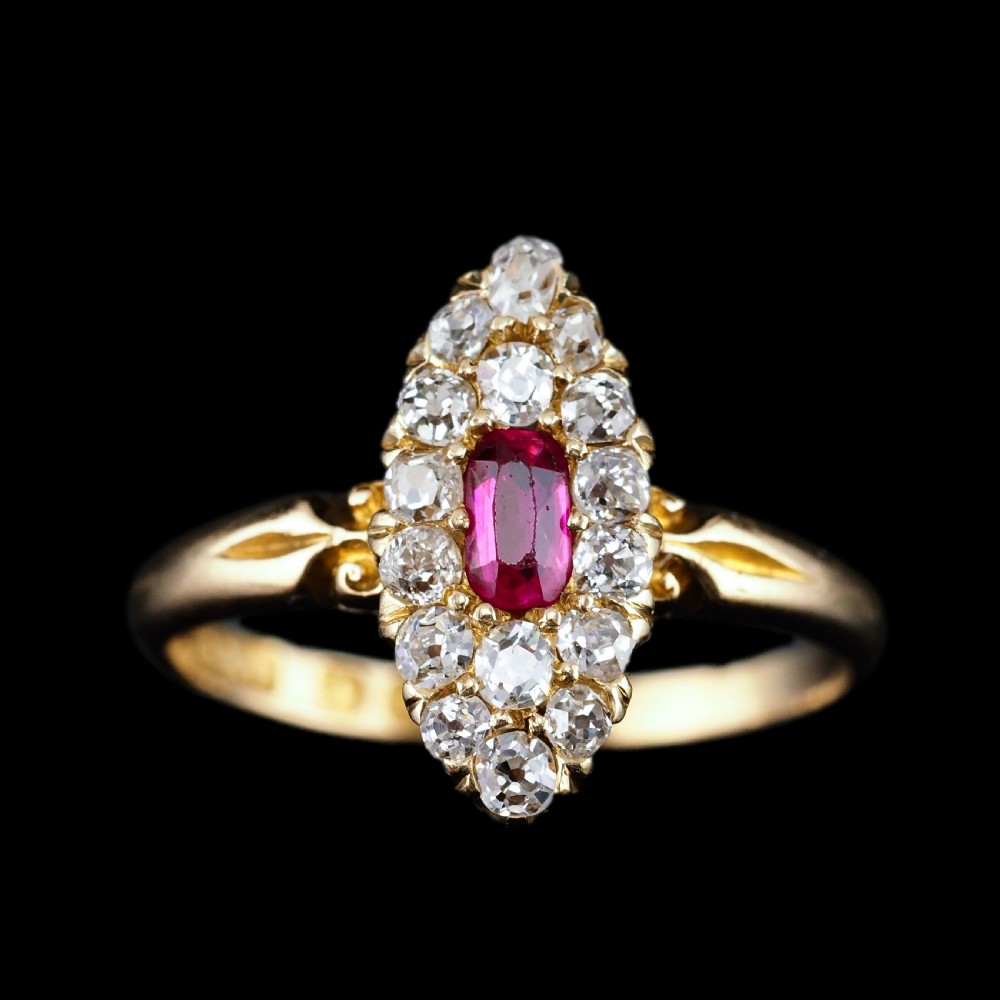 Antique Victorian Ruby & Diamond Ring 18ct Gold Cluster Navette Design - 1886 View XV
