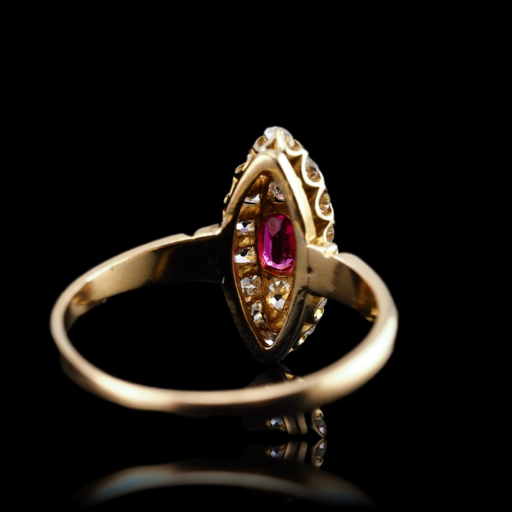 Antique Victorian Ruby & Diamond Ring 18ct Gold Cluster Navette Design - 1886 View XVI