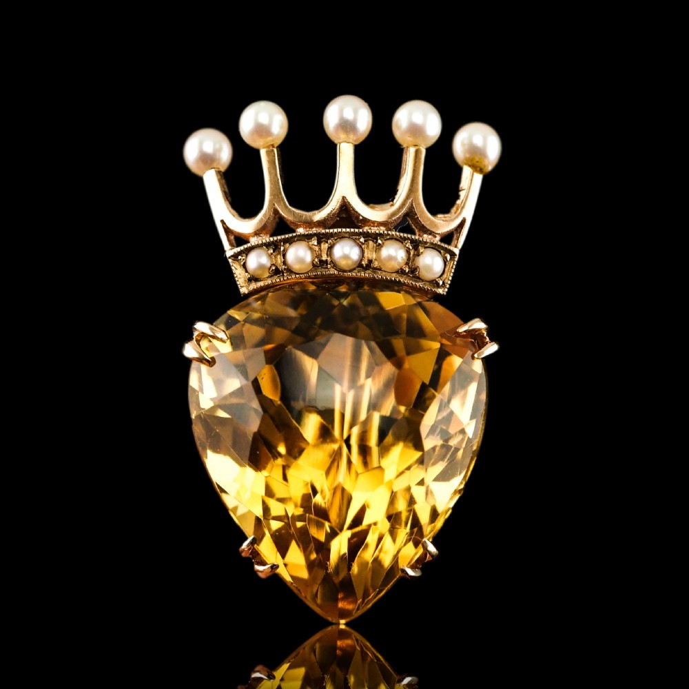 A Citrine & Pearl 14ct Gold Heart Coronet Crown Brooch/Pendant Necklace