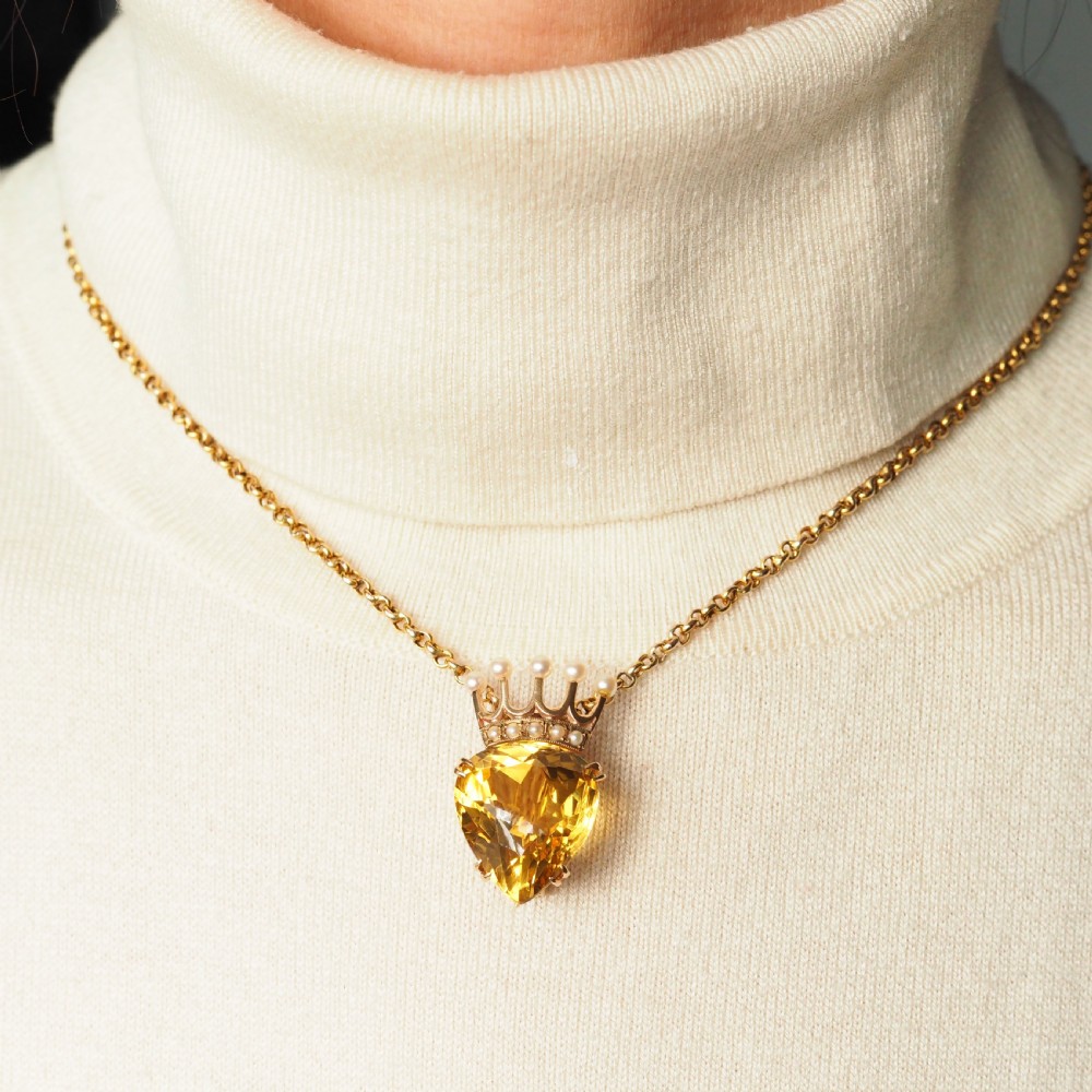 A Citrine & Pearl 14ct Gold Heart Coronet Crown Brooch/Pendant Necklace View IV