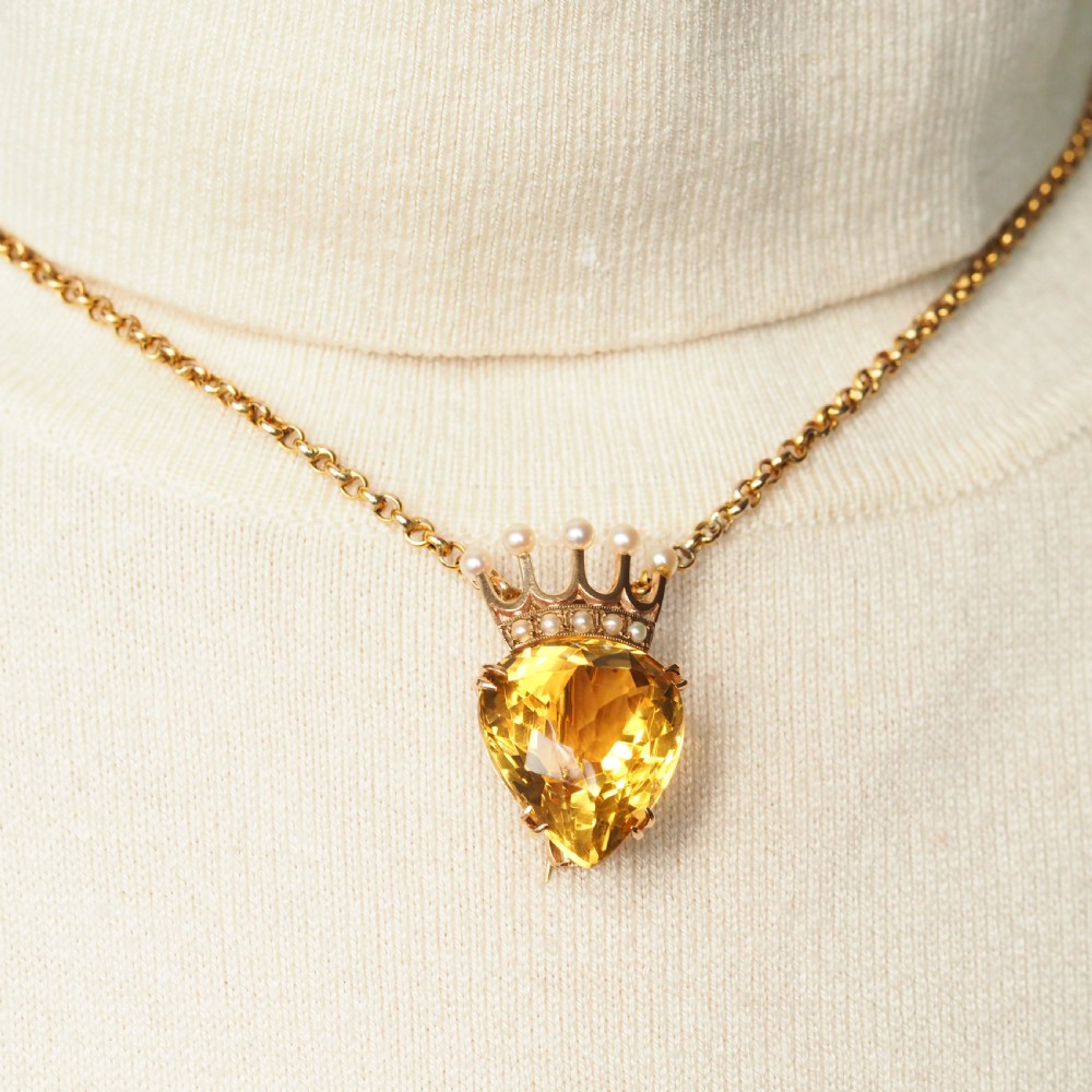 A Citrine & Pearl 14ct Gold Heart Coronet Crown Brooch/Pendant Necklace View V