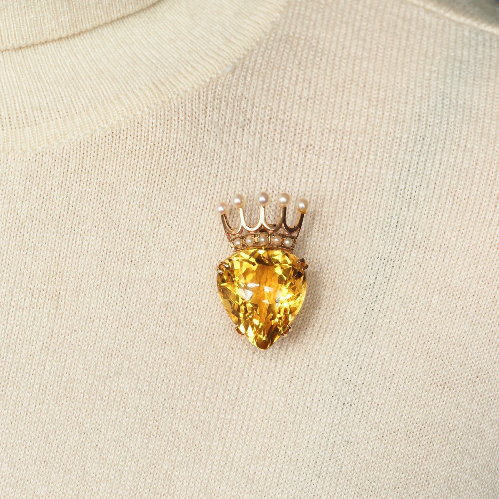 A Citrine & Pearl 14ct Gold Heart Coronet Crown Brooch/Pendant Necklace View VII
