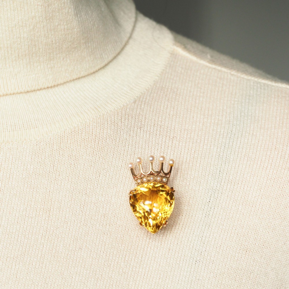 A Citrine & Pearl 14ct Gold Heart Coronet Crown Brooch/Pendant Necklace View VIII