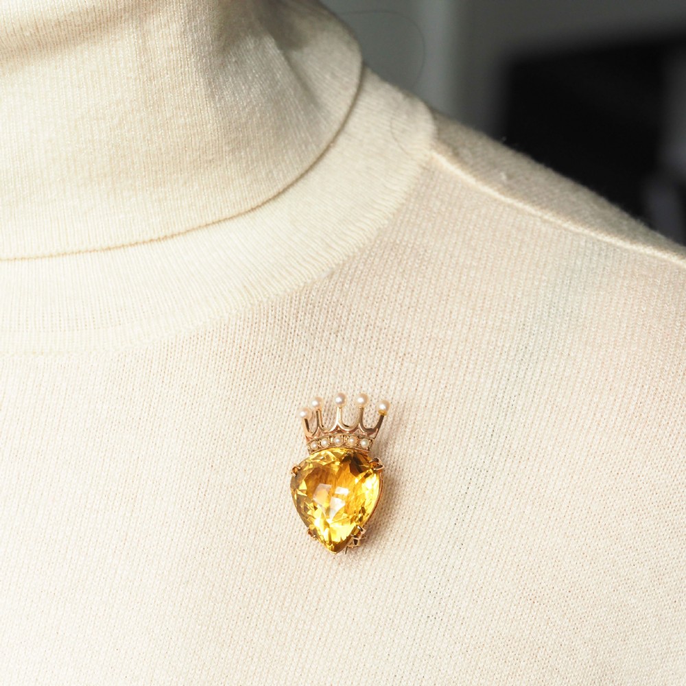 A Citrine & Pearl 14ct Gold Heart Coronet Crown Brooch/Pendant Necklace View IX
