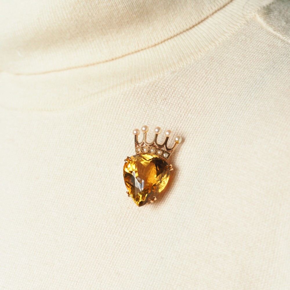 A Citrine & Pearl 14ct Gold Heart Coronet Crown Brooch/Pendant Necklace View XI