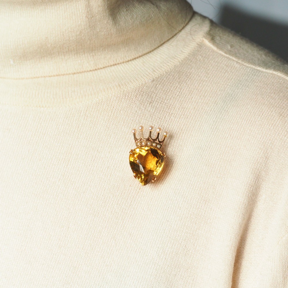 A Citrine & Pearl 14ct Gold Heart Coronet Crown Brooch/Pendant Necklace View XII