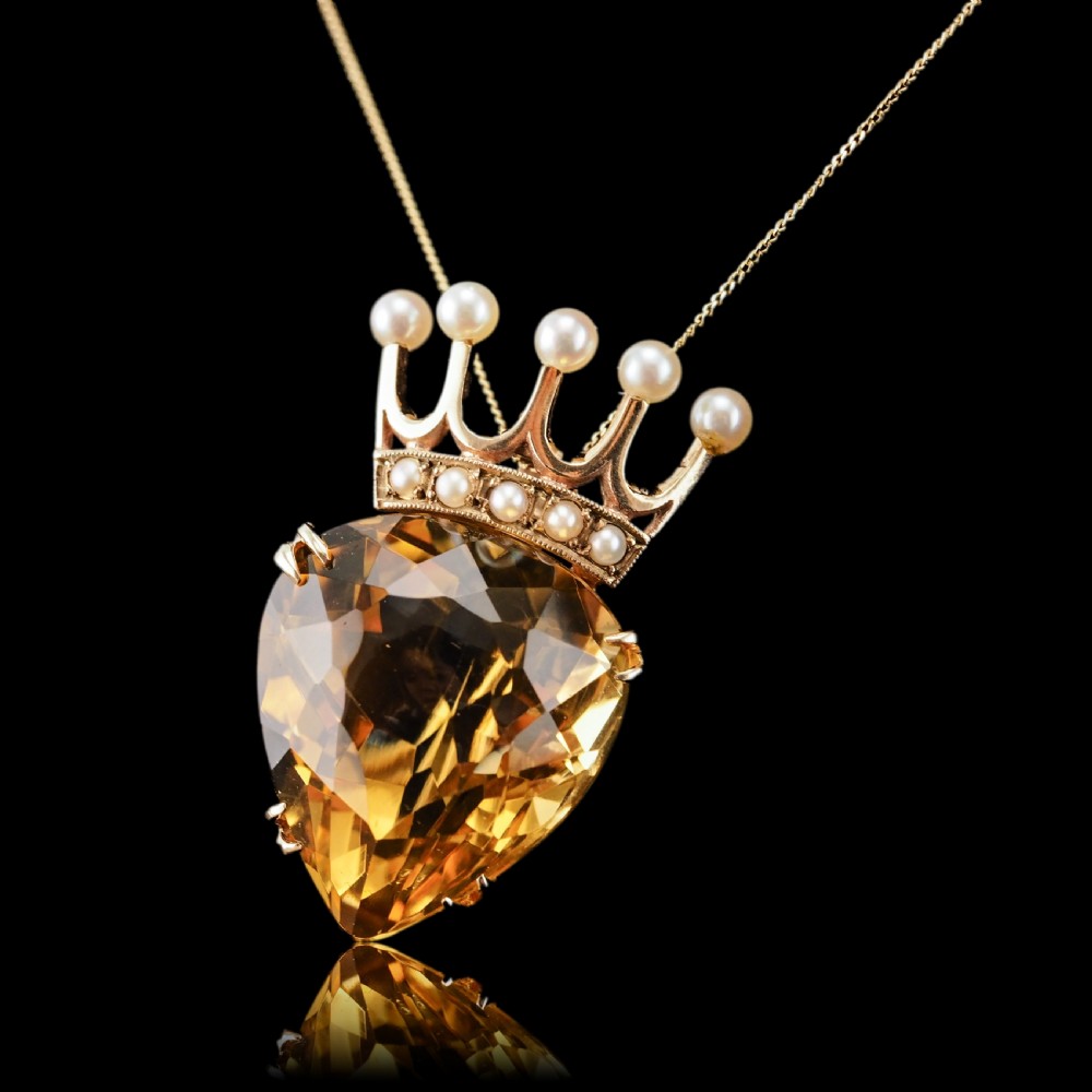 A Citrine & Pearl 14ct Gold Heart Coronet Crown Brooch/Pendant Necklace View XIV