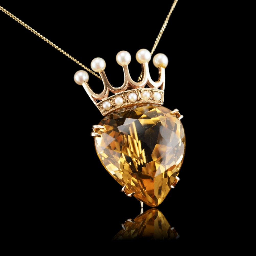 A Citrine & Pearl 14ct Gold Heart Coronet Crown Brooch/Pendant Necklace View XV