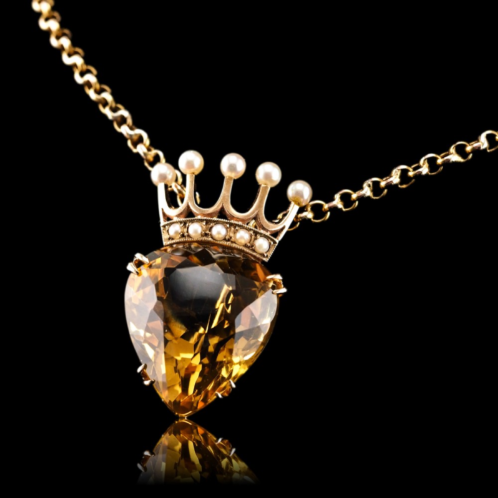 A Citrine & Pearl 14ct Gold Heart Coronet Crown Brooch/Pendant Necklace View XVI