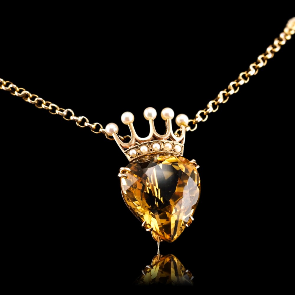 A Citrine & Pearl 14ct Gold Heart Coronet Crown Brooch/Pendant Necklace View XVII