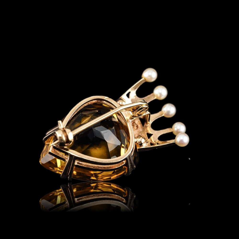 A Citrine & Pearl 14ct Gold Heart Coronet Crown Brooch/Pendant Necklace View XVIII