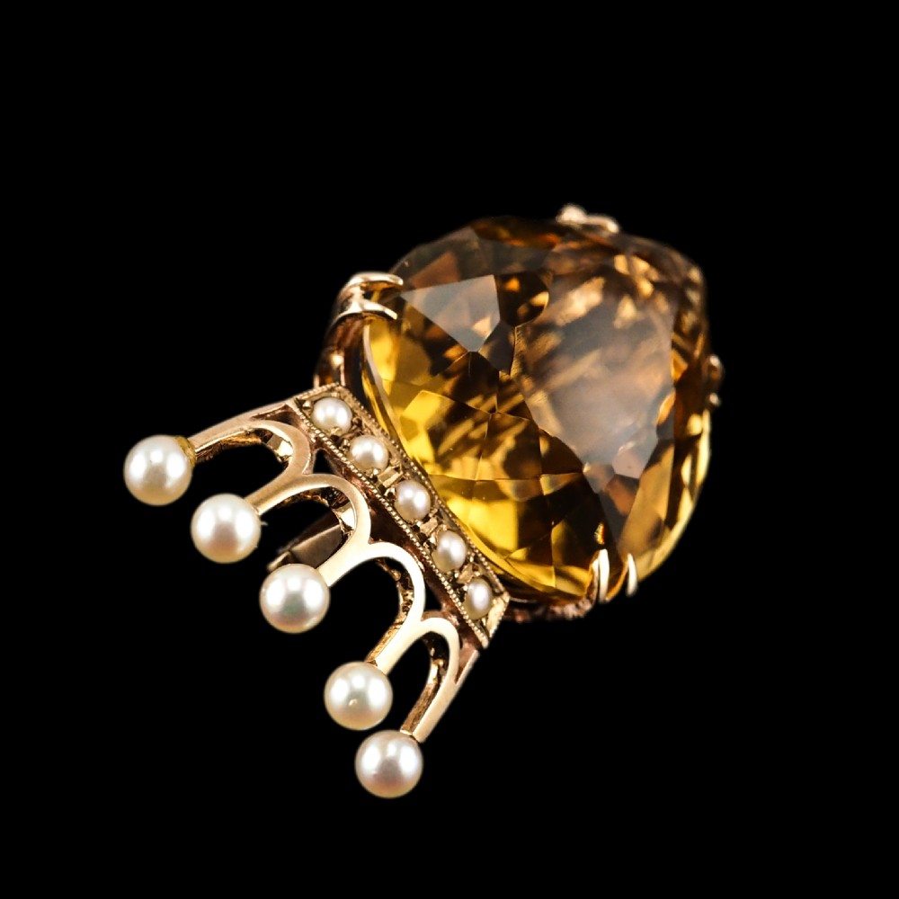 A Citrine & Pearl 14ct Gold Heart Coronet Crown Brooch/Pendant Necklace View XX