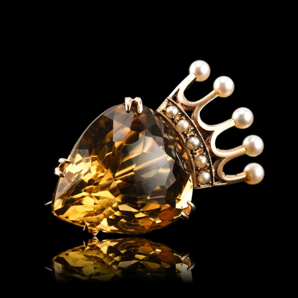 A Citrine & Pearl 14ct Gold Heart Coronet Crown Brooch/Pendant Necklace View XXII